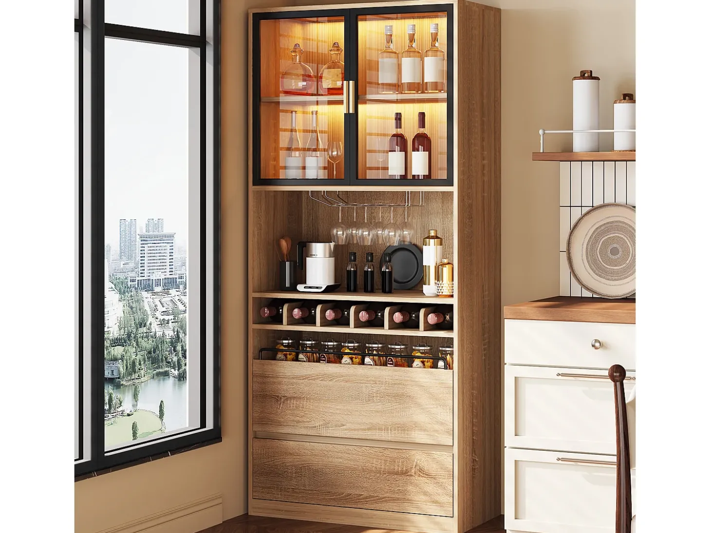 Vitrine 80x40x180 cm com LED - 2 portas e 2 gavetas - prateleiras abertas - Natural