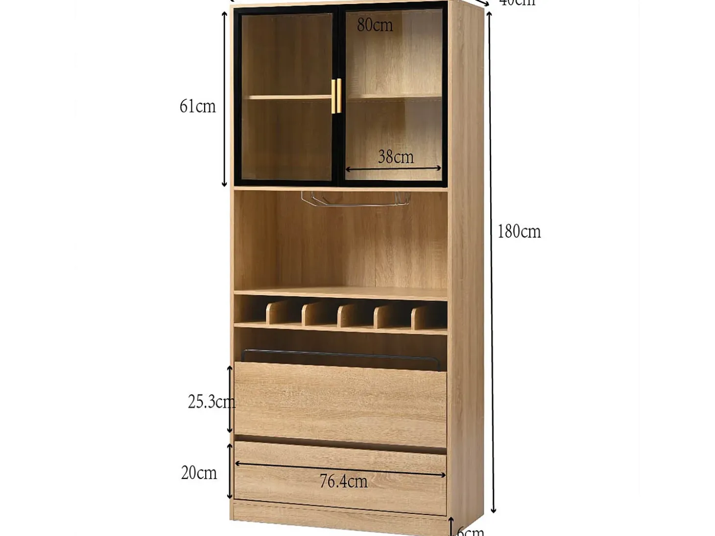 Vitrine 80x40x180 cm com LED - 2 portas e 2 gavetas - prateleiras abertas - Natural