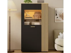 Vitrine 80x40x146cm - com iluminação LED - com 1 porta - Prateleiras ajustáveis - Painéis de partículas - Preto + natural