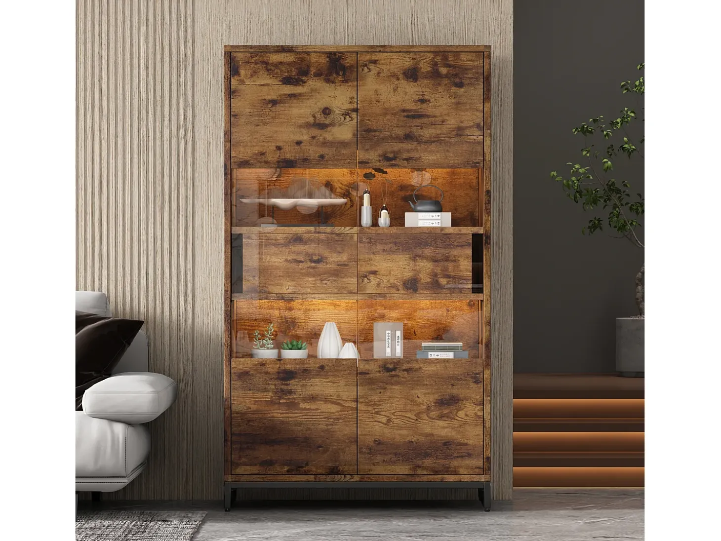 Vitrine 80x40x138cm - com iluminação LED - com 2 gavetas e 2 portas - com painel acrílico - marrom