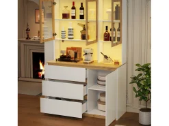 Vitrine/armário alto con iluminação LED - 200 cm de altura - 4 portas e 3 gavetas - Branco e natural