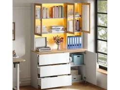 Vitrine/armário alto con iluminação LED - 200 cm de altura - 4 portas e 3 gavetas - Branco e natural