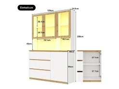 Vitrine/armário alto con iluminação LED - 200 cm de altura - 4 portas e 3 gavetas - Branco e natural