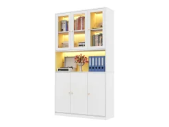 Vitrine/estante de vidro 100×35×200 cm - con iluminação LED - prateleiras abertas e 6 portas - MDF - branco