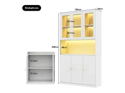 Vitrine/estante de vidro 100×35×200 cm - con iluminação LED - prateleiras abertas e 6 portas - MDF - branco