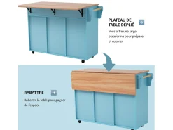 129x46x91,5cm Carrinho de cozinha, carrinho de sala de jantar, bancada dobrável, armário de arrumação, azul