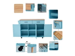 129x46x91,5cm Carrinho de cozinha, carrinho de sala de jantar, bancada dobrável, armário de arrumação, azul