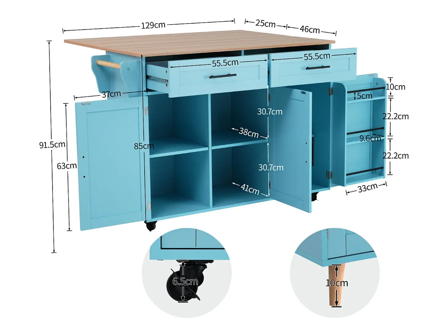 129x46x91,5cm Carrinho de cozinha, carrinho de sala de jantar, bancada dobrável, armário de arrumação, azul